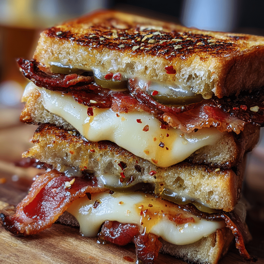 Hot Honey Bacon Pepper Jack Grilled Cheese on artisan sourdough with crispy bacon, melted pepper jack, and hot honey drizzle.