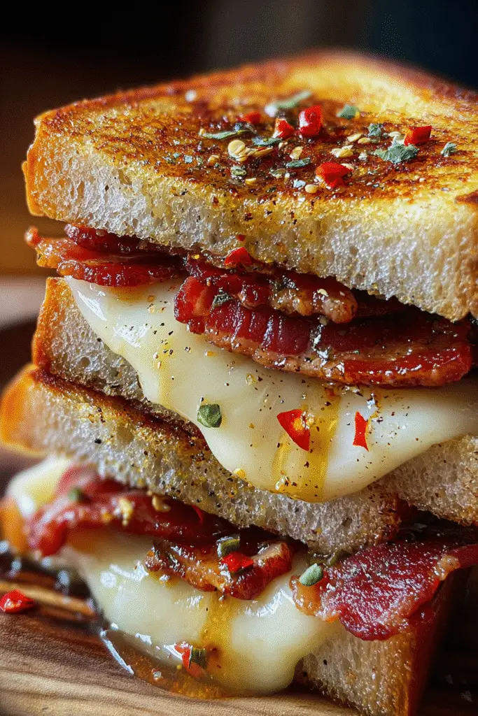 Tall view of Hot Honey Bacon Pepper Jack Grilled Cheese cut in half showing melted cheese and crispy bacon.