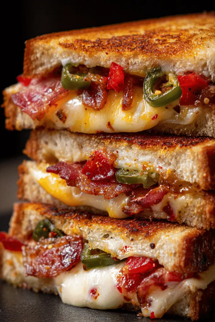 Gourmet Hot Honey Bacon Pepper Jack Grilled Cheese served with tomato soup and arugula salad.