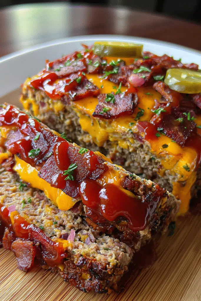 Step-by-step Loaded Cowboy Bacon Cheeseburger Meatloaf preparation showing ingredients and baking process