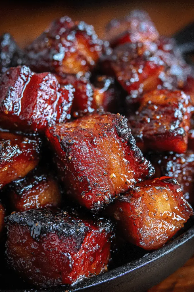 Jack Daniel's pork burnt ends recipe Pinterest pin showing finished BBQ dish with whiskey glaze