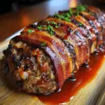 Jack Daniels honey glazed meatloaf wrapped in bacon with golden caramelized crust on white plate
