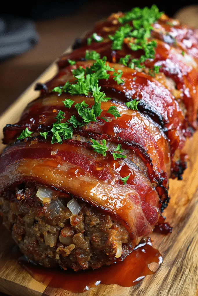 Sliced Jack Daniels honey glazed meatloaf with bacon wrap showing juicy interior and golden honey glaze