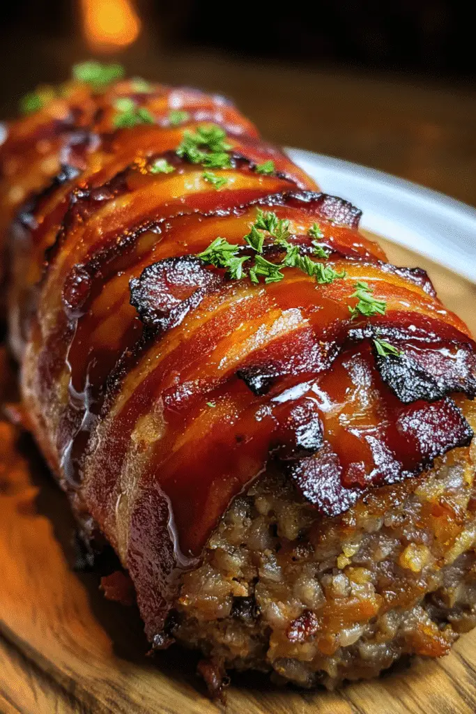 Jack Daniels honey glazed meatloaf ingredients including ground beef, bacon, whiskey, and honey on kitchen counter
