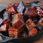 Jack Daniel's pork burnt ends with caramelized whiskey glaze on rustic wooden cutting board