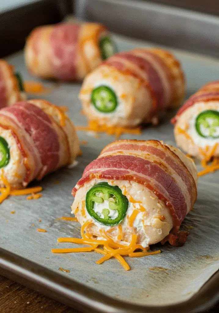Keto-friendly Spicy Jalapeño Popper Chicken Bacon Rolls with melted cheese center
