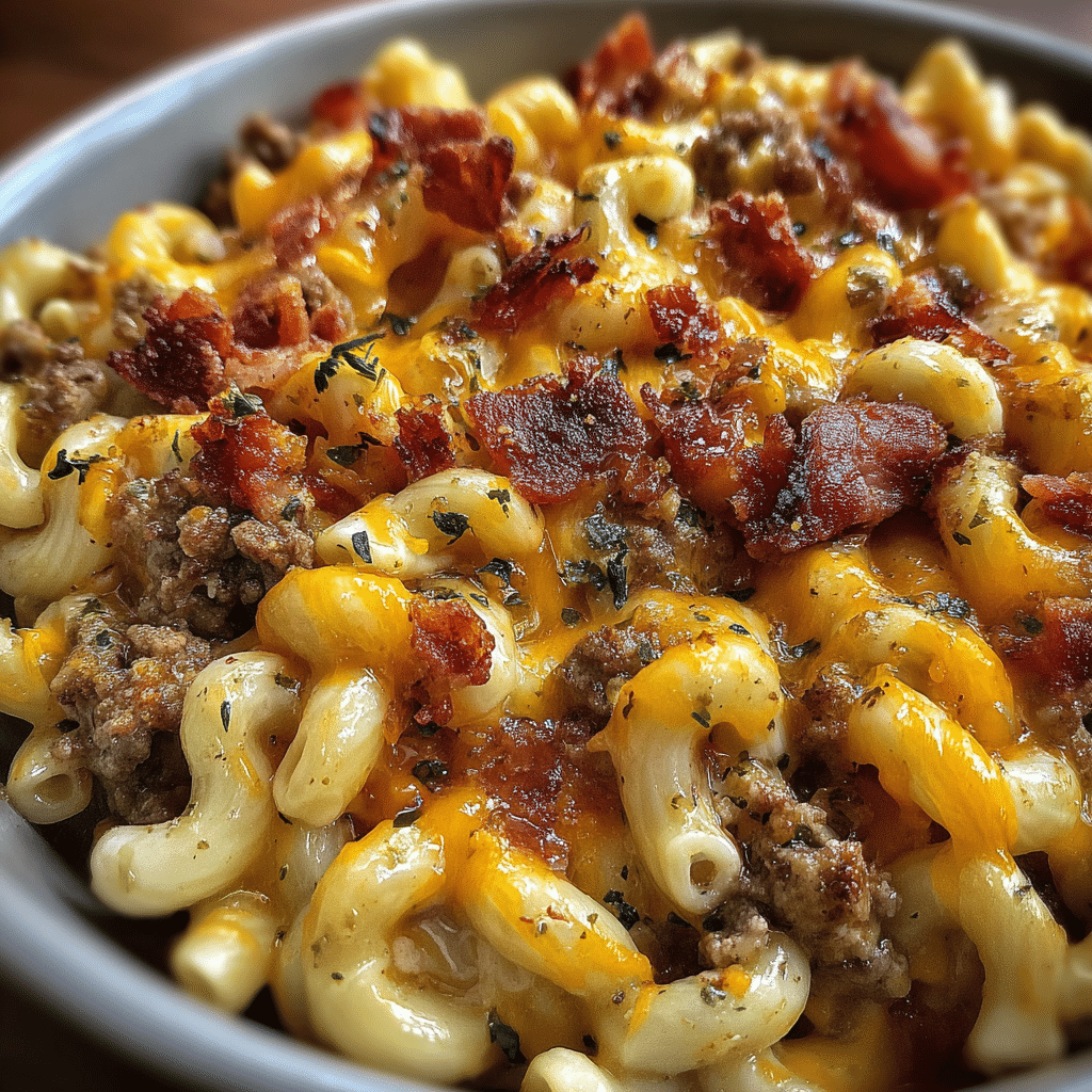 Loaded Bacon Cheeseburger Mac with sharp cheddar, American, and Monterey Jack in creamy sauce