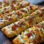Loaded bacon cheesy ranch breadsticks recipe golden brown pull apart bread macro shot