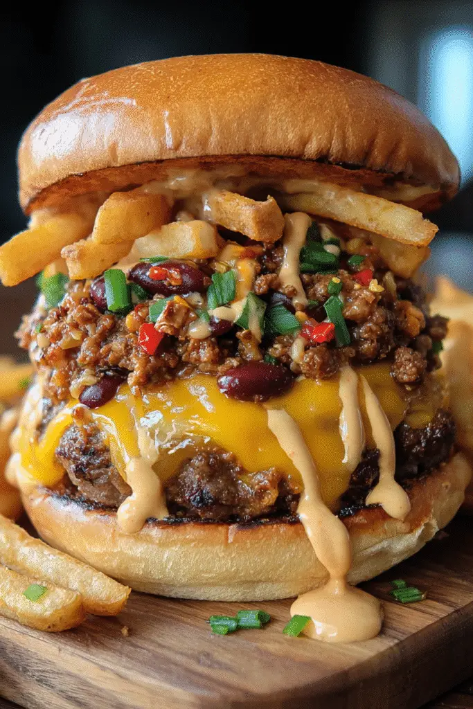 Pinterest-ready loaded chili cheese fry smash burger recipe with smoky aioli and premium cheese blend
