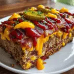 Loaded Cowboy Bacon Cheeseburger Meatloaf sliced showing melted cheese and bacon layers on white serving platter