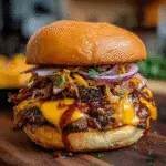 Loaded Cowboy BBQ Brisket Smash Burger with melted pepper jack cheese and crispy bacon on CrennRecipes premium griddle