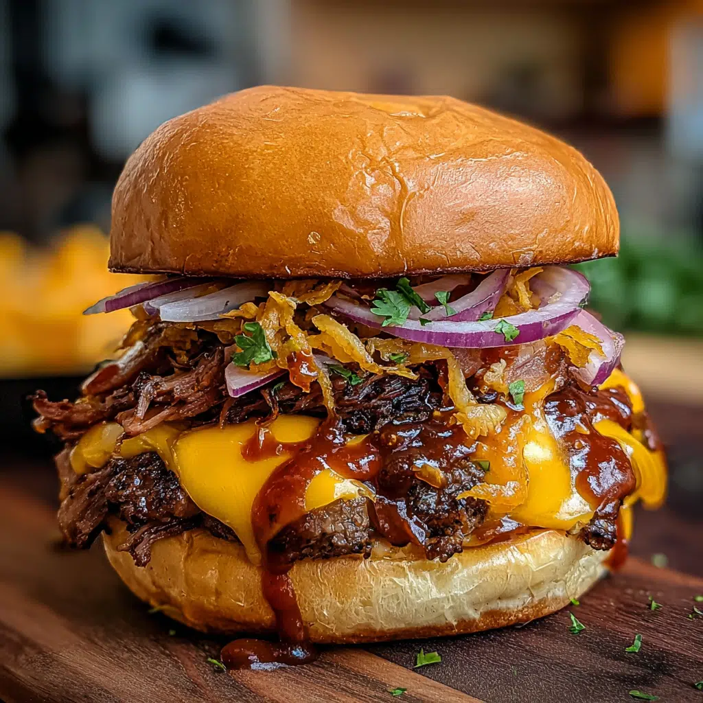 Loaded Cowboy BBQ Brisket Smash Burger with melted pepper jack cheese and crispy bacon on CrennRecipes premium griddle