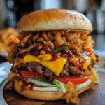 Loaded Cowboy Chili Cheese Burger with crispy onion straws and melted cheddar cheese on toasted bun