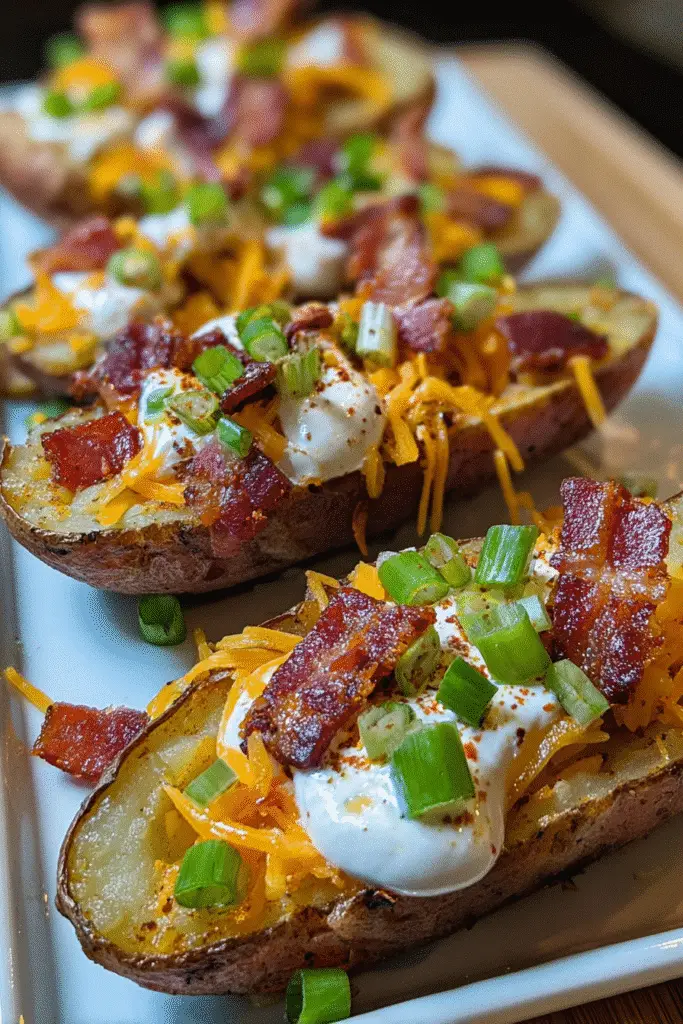 Crispy bacon wrapped loaded potato skins with fresh green onions and premium cheddar cheese CrennRecipes style