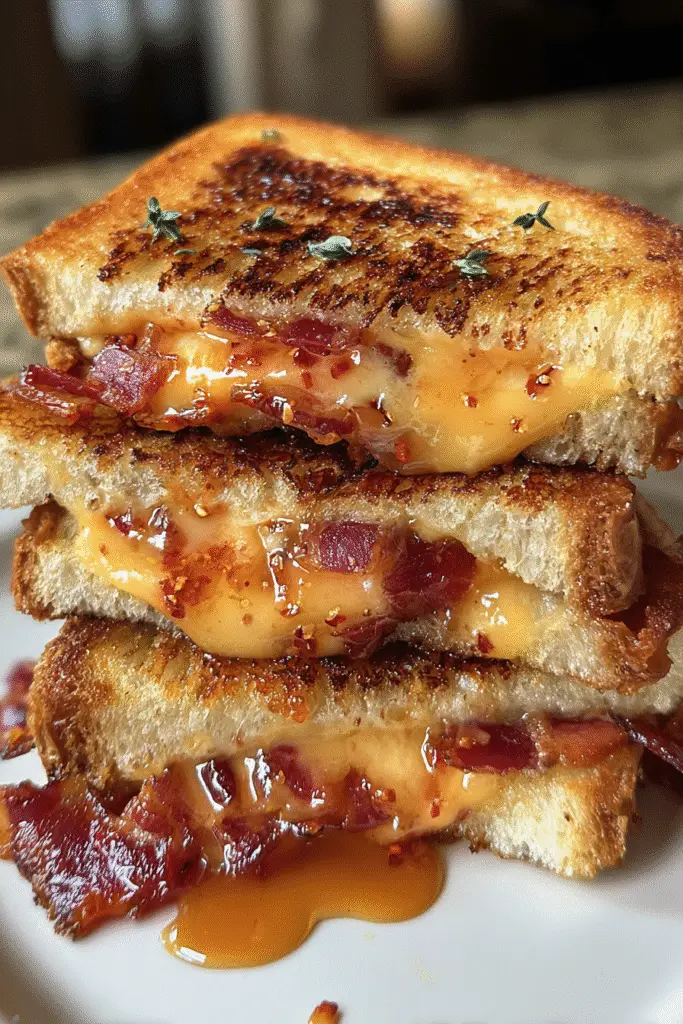 Pinterest-ready Maple Sriracha Bacon Gouda Grilled Cheese sandwich with gourmet ingredients