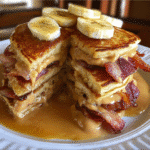 Maple Bacon Peanut Butter Banana Stuffed Pancakes with crispy bacon and fresh bananas on premium ceramic plate