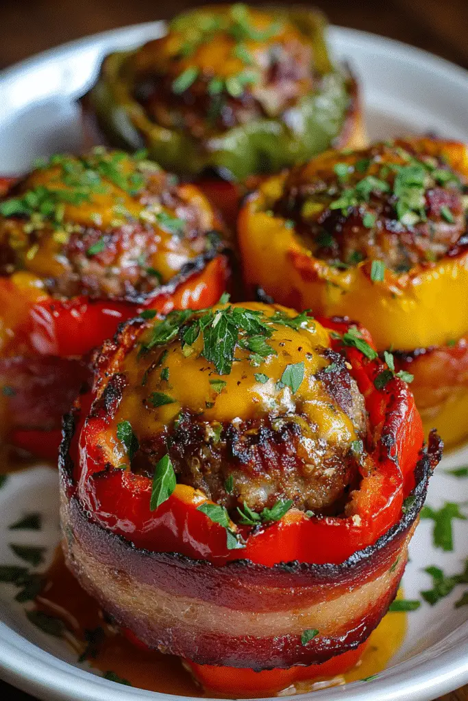 Pinterest-ready Maple Bourbon Bacon-Wrapped Meatloaf Stuffed Peppers with thick-cut bacon, colorful bell peppers, and maple bourbon glaze recipe