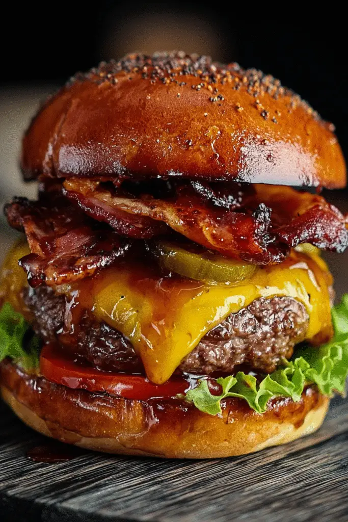 Pinterest-ready Maple Bourbon Candied Bacon Cheeseburger recipe with premium ingredients and gourmet styling