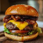Maple Bourbon Candied Bacon Cheeseburger with jalapeño jam featuring premium ingredients and gourmet presentation