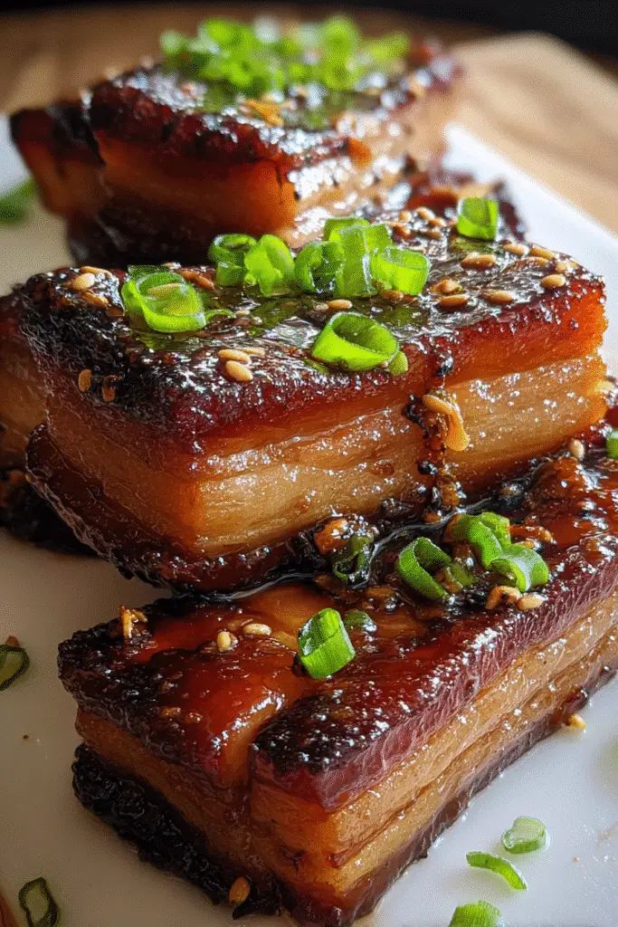 Maple glazed pork belly recipe with roasting pan and basting brush kitchen setup
