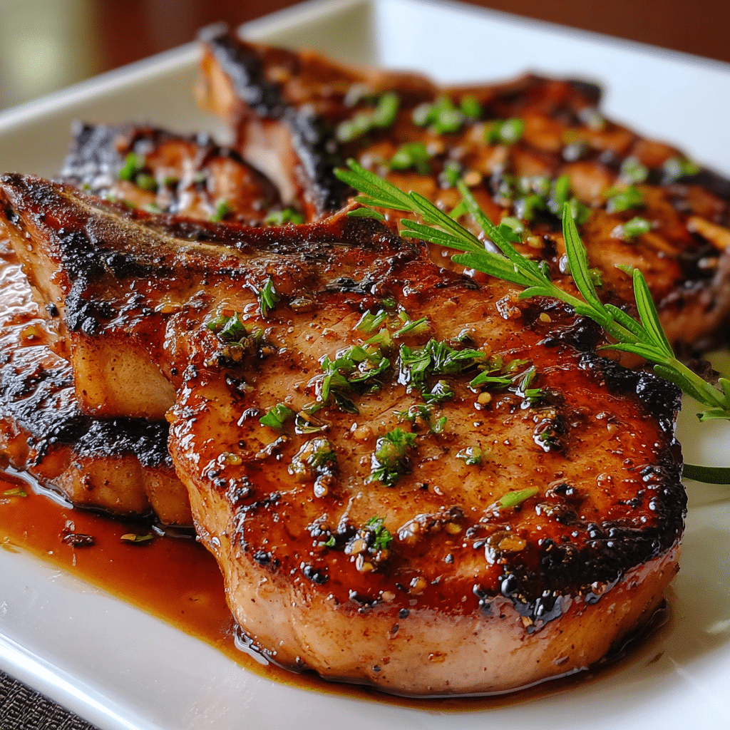 Maple Rum Smoked Pork Chops final dish with maple glaze and smoky BBQ finish
