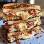 Maple Sriracha Bacon Gouda Grilled Cheese with melted cheese and crispy bacon