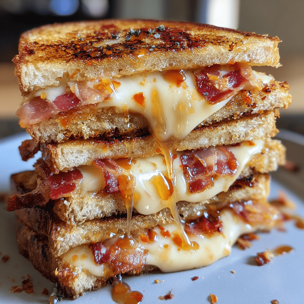 Maple Sriracha Bacon Gouda Grilled Cheese with melted cheese and crispy bacon