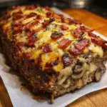Mushroom Swiss Bacon Meatloaf with Swiss cheese and crispy bacon