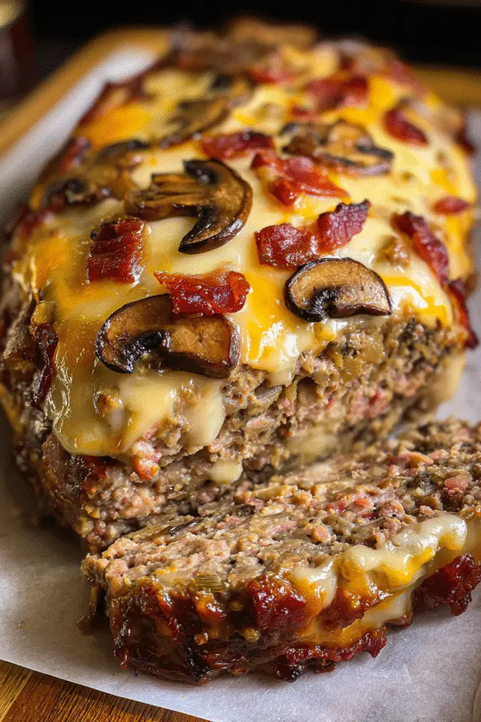 Sliced Mushroom Swiss Bacon Meatloaf with melted Swiss cheese
