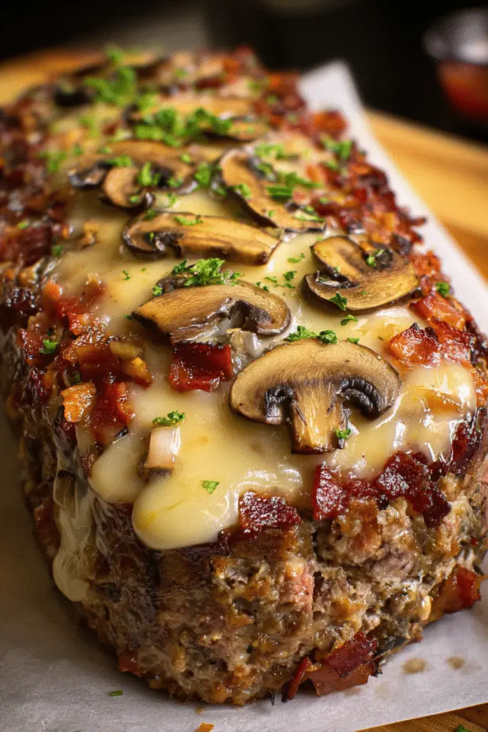 Close-up of Mushroom Swiss Bacon Meatloaf with golden melted cheese