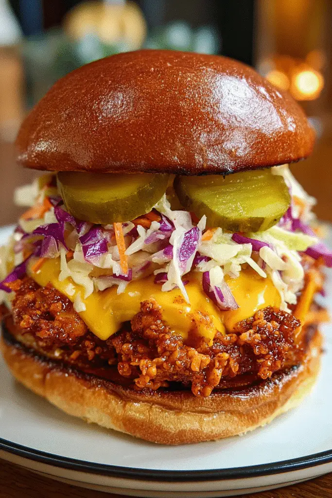 Nashville Hot Chicken Smash Burger recipe with spicy ground chicken patties and cooling pickle slaw - Pinterest-ready food photo