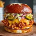 Nashville Hot Chicken Smash Burger with crispy edges and tangy pickle slaw on brioche bun - premium ground chicken recipe