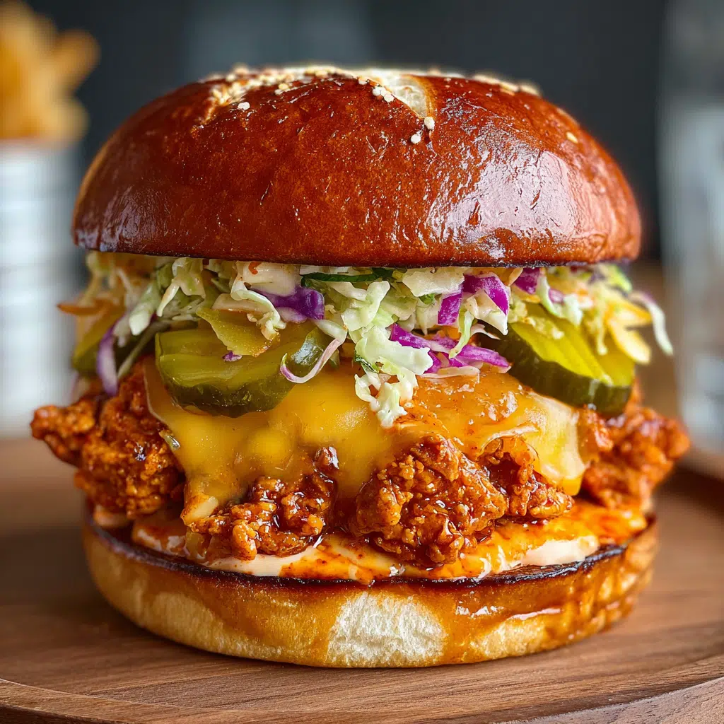 Nashville Hot Chicken Smash Burger with crispy edges and tangy pickle slaw on brioche bun - premium ground chicken recipe