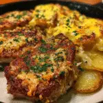 Parmesan Pork Chops with Loaded Scalloped Potatoes golden cheese crust crispy