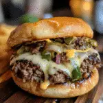 Philly Cheesesteak Smash Burger with melted beer cheese pour-over on brioche bun