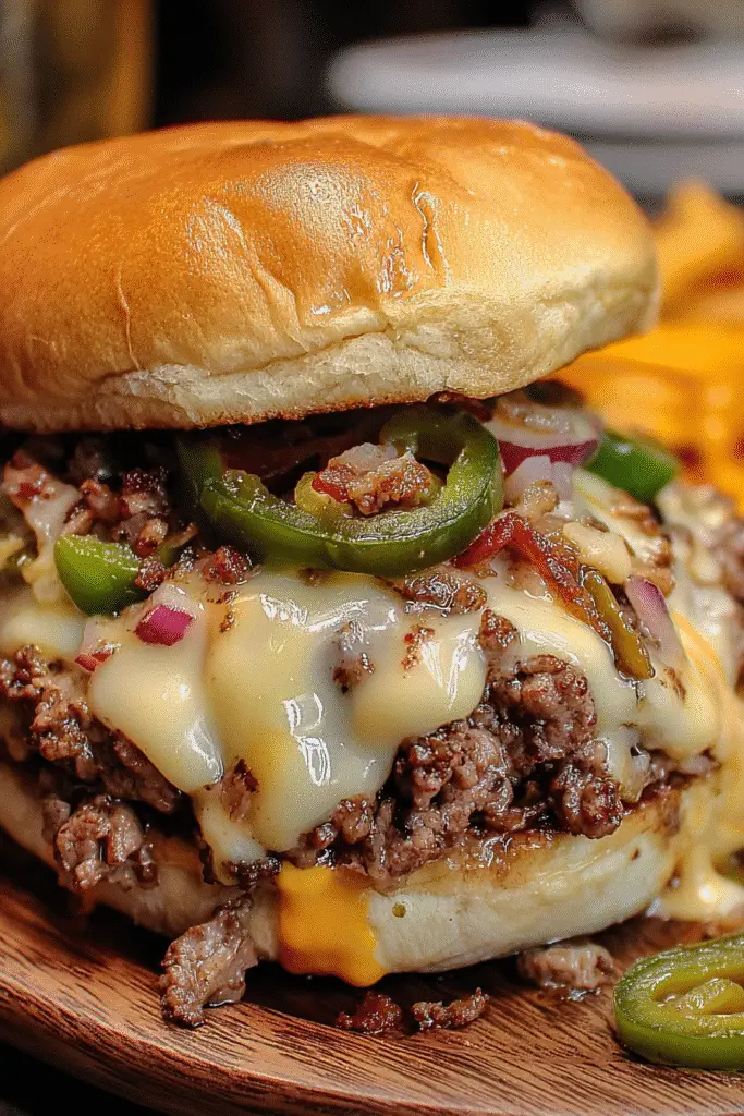 Gourmet Philly Cheesesteak Smash Burger recipe with beer cheese sauce