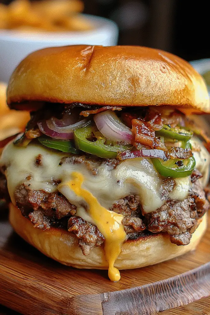 Step-by-step Philly Cheesesteak Smash Burger with beer cheese pour-over technique
