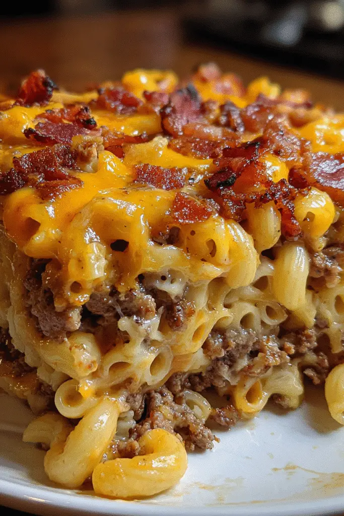 Triple-layer bacon cheeseburger mac and cheese casserole with crispy bacon, melted cheese, and golden-brown finish - perfect comfort food recipe