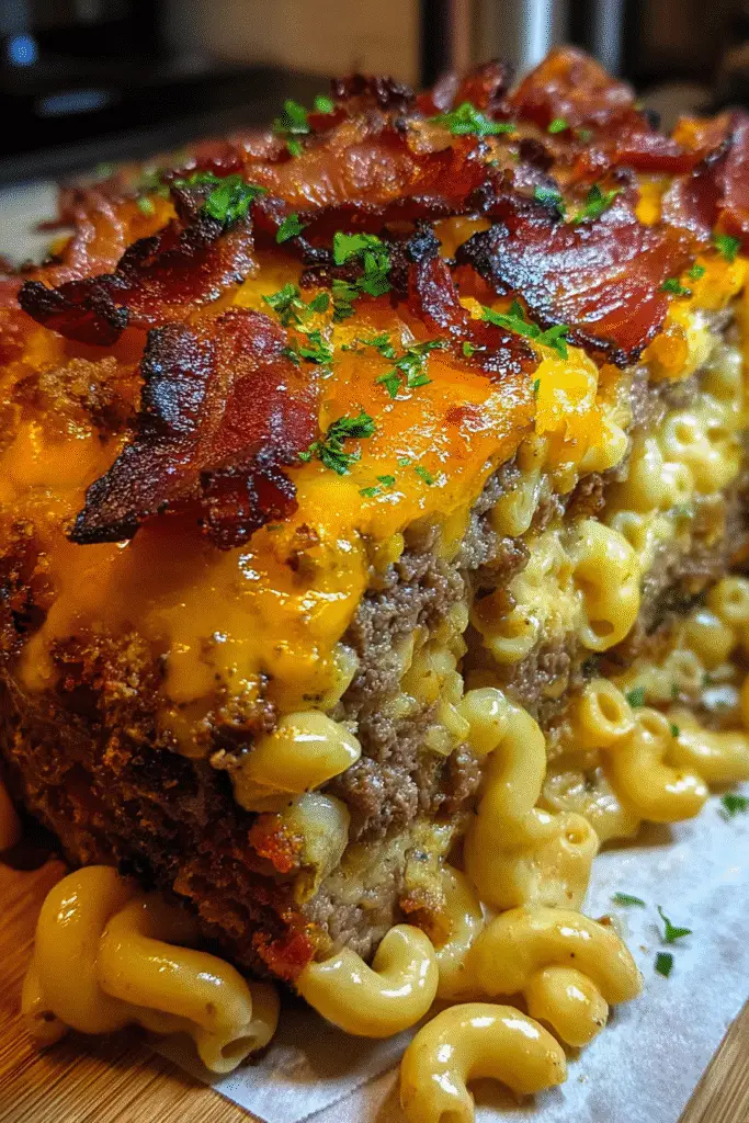 Pinterest pin showing Double Bacon Cheeseburger Mac Cheese Meatloaf recipe with bacon-wrapped exterior