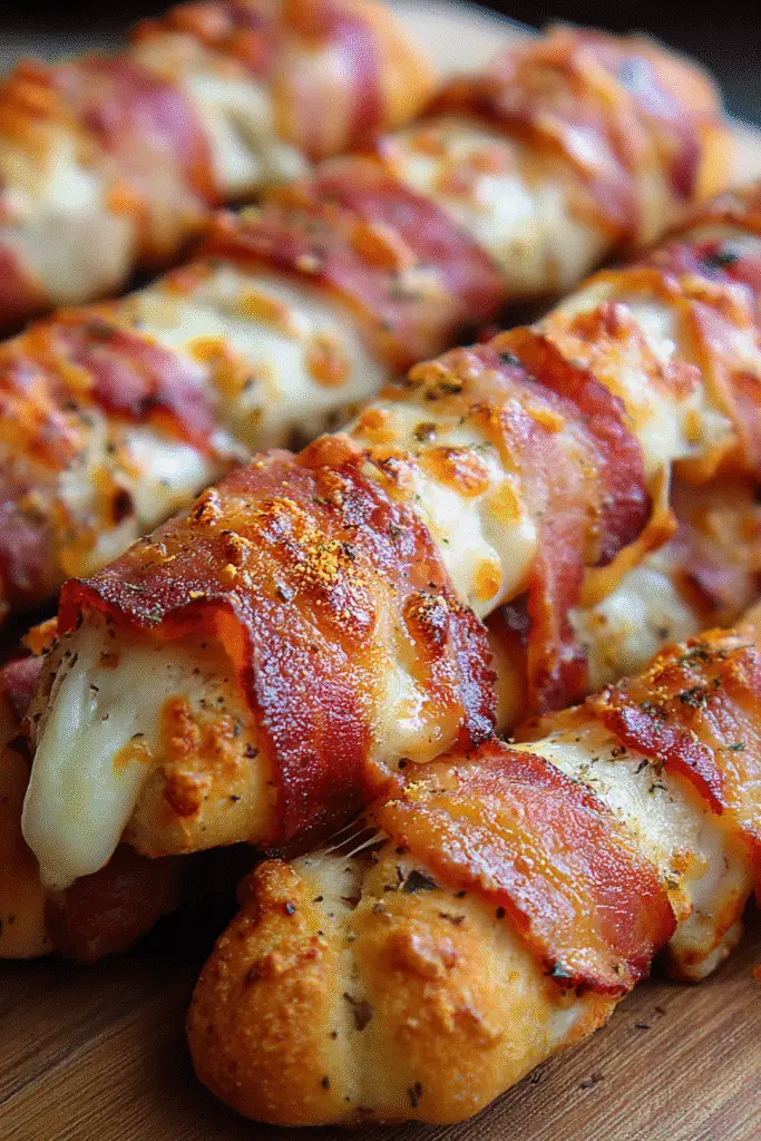 Pinterest bacon wrapped cheesy garlic breadsticks party appetizer recipe