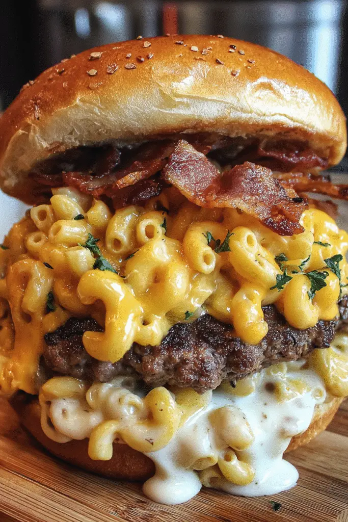 Step-by-step Bacon Ranch Mac 'n' Cheese Burger cooking process with premium ground beef