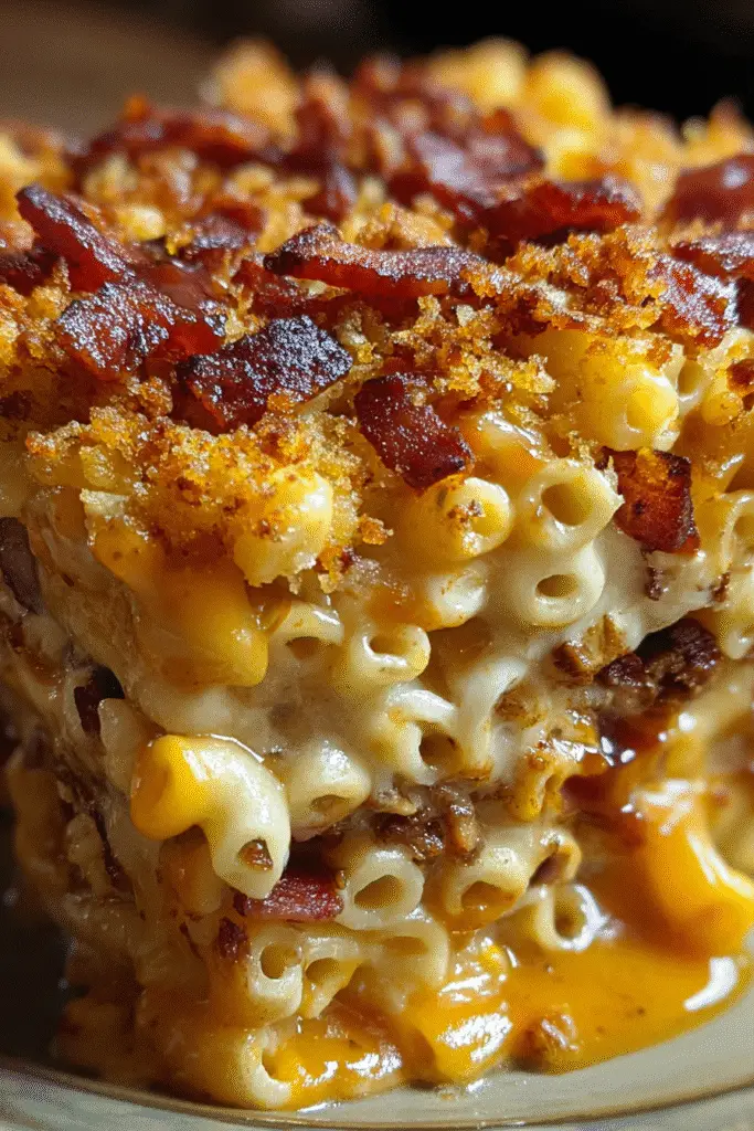 Pinterest-worthy BBQ Bacon Mac and Cheese Lasagna with visible cheese layers and bacon pieces