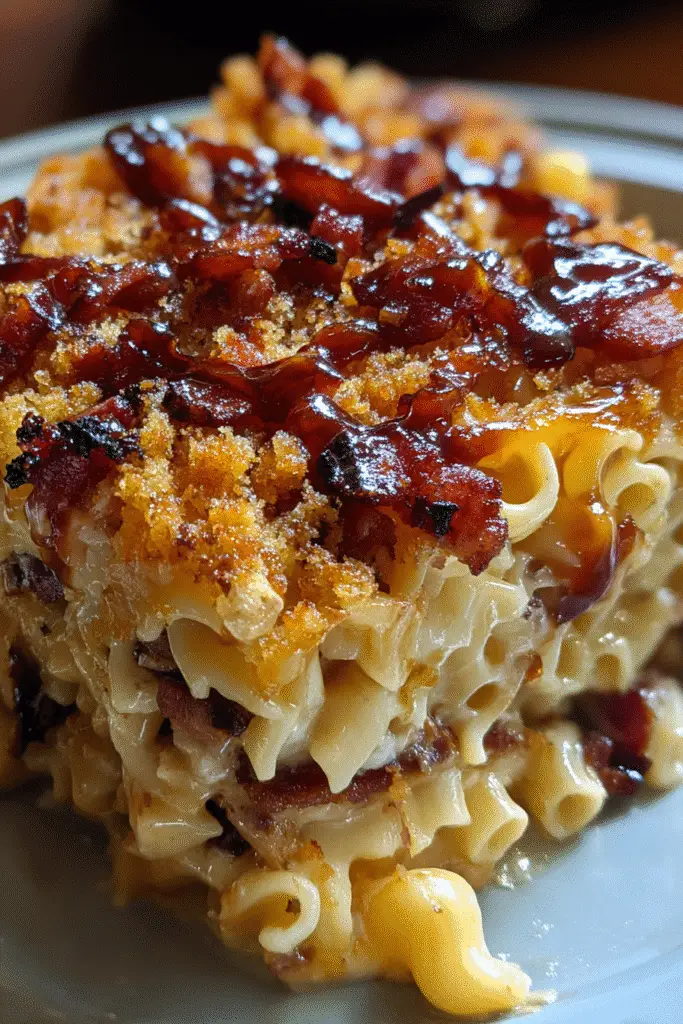 Close-up BBQ Bacon Mac and Cheese Lasagna showing creamy cheese sauce and crispy bacon topping