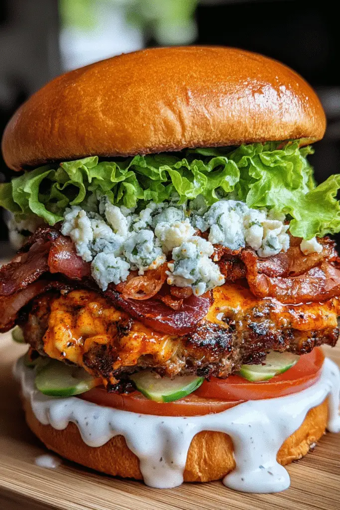 Buffalo Bacon Blue Cheese Smash Burger recipe with crispy chicken and premium blue cheese crumbles