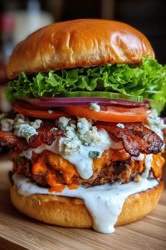 Homemade Buffalo Bacon Blue Cheese Smash Burger with buttermilk ranch and crispy bacon pieces