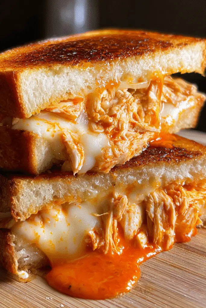 Buffalo Chicken Ranch Grilled Cheese cross-section showing melted cheese layers