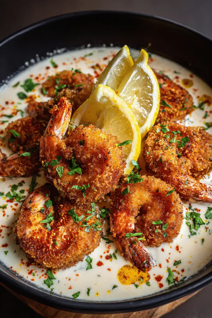 Pinterest-ready Deep South fried shrimp cornmeal recipe with lemon cream gravy vertical layout
