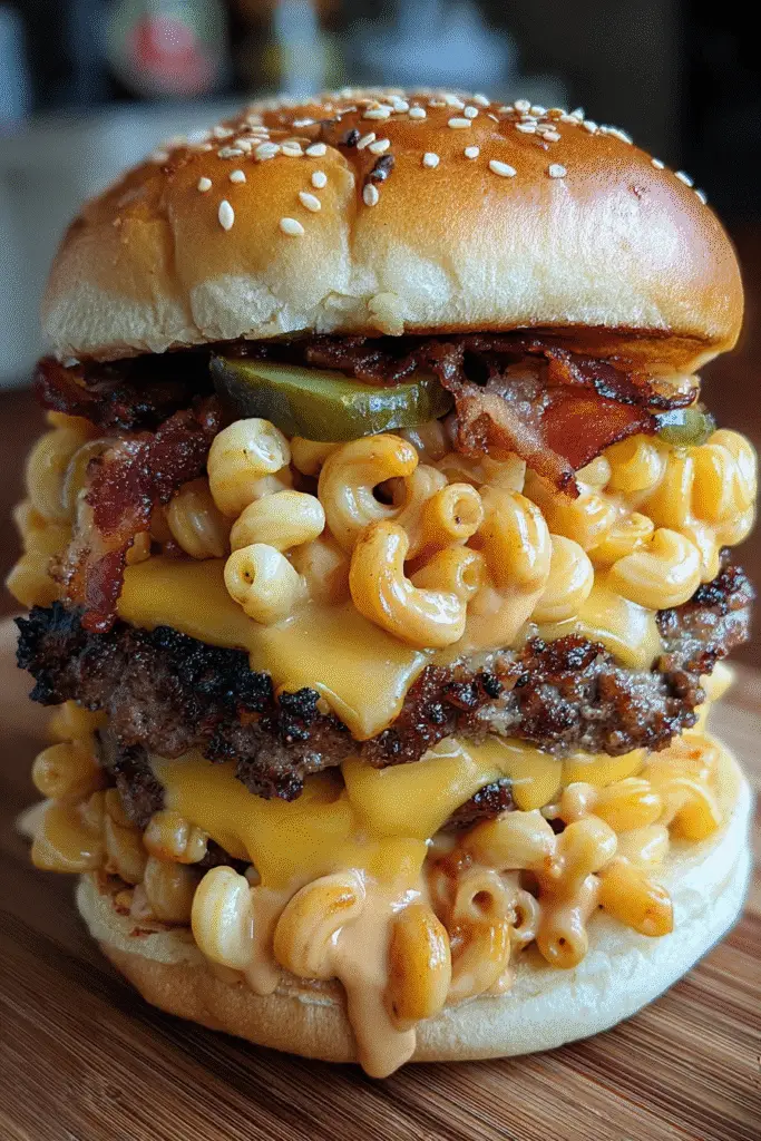 Vertical Pinterest-style Double-Decker Bacon Mac & Cheese Smash Burger recipe with BBQ ranch swirl drizzle