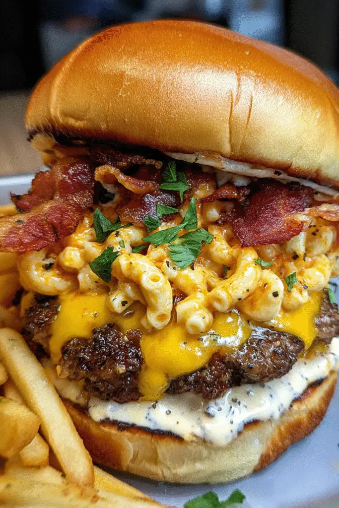 Gourmet Truffle Bacon Mac Attack Burger cooking process with melted cheese and crispy bacon layers