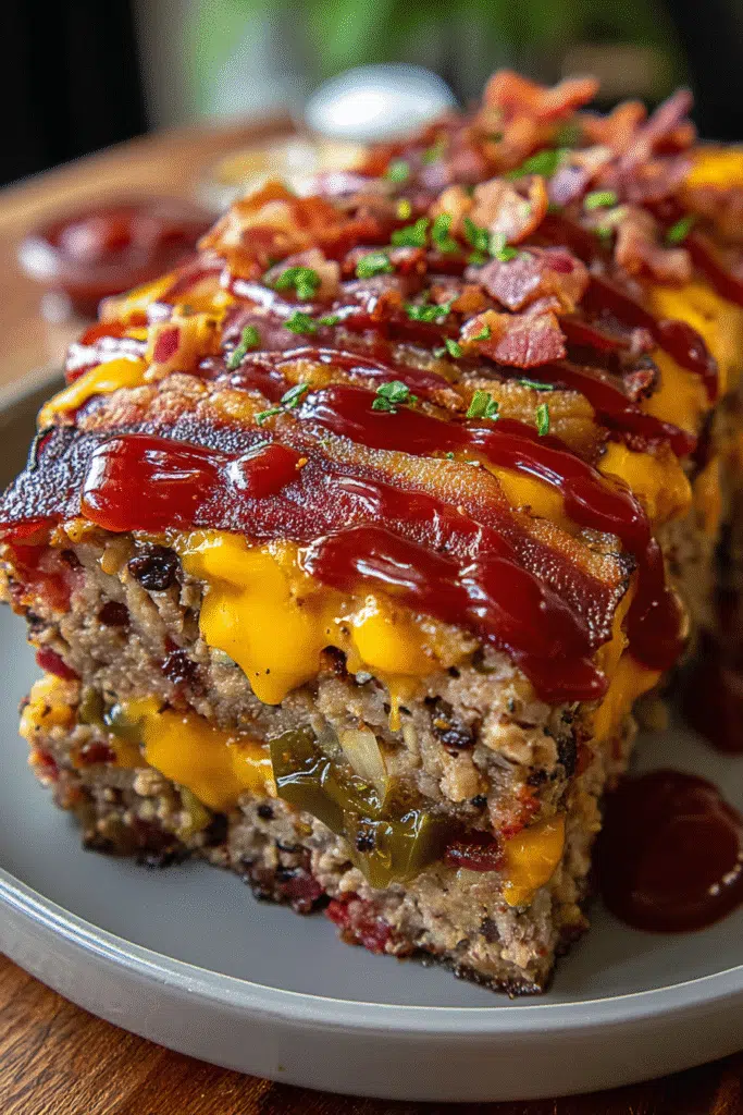 Pinterest-ready Loaded Cowboy Bacon Cheeseburger Meatloaf recipe with crispy bacon wrap and cheese filling